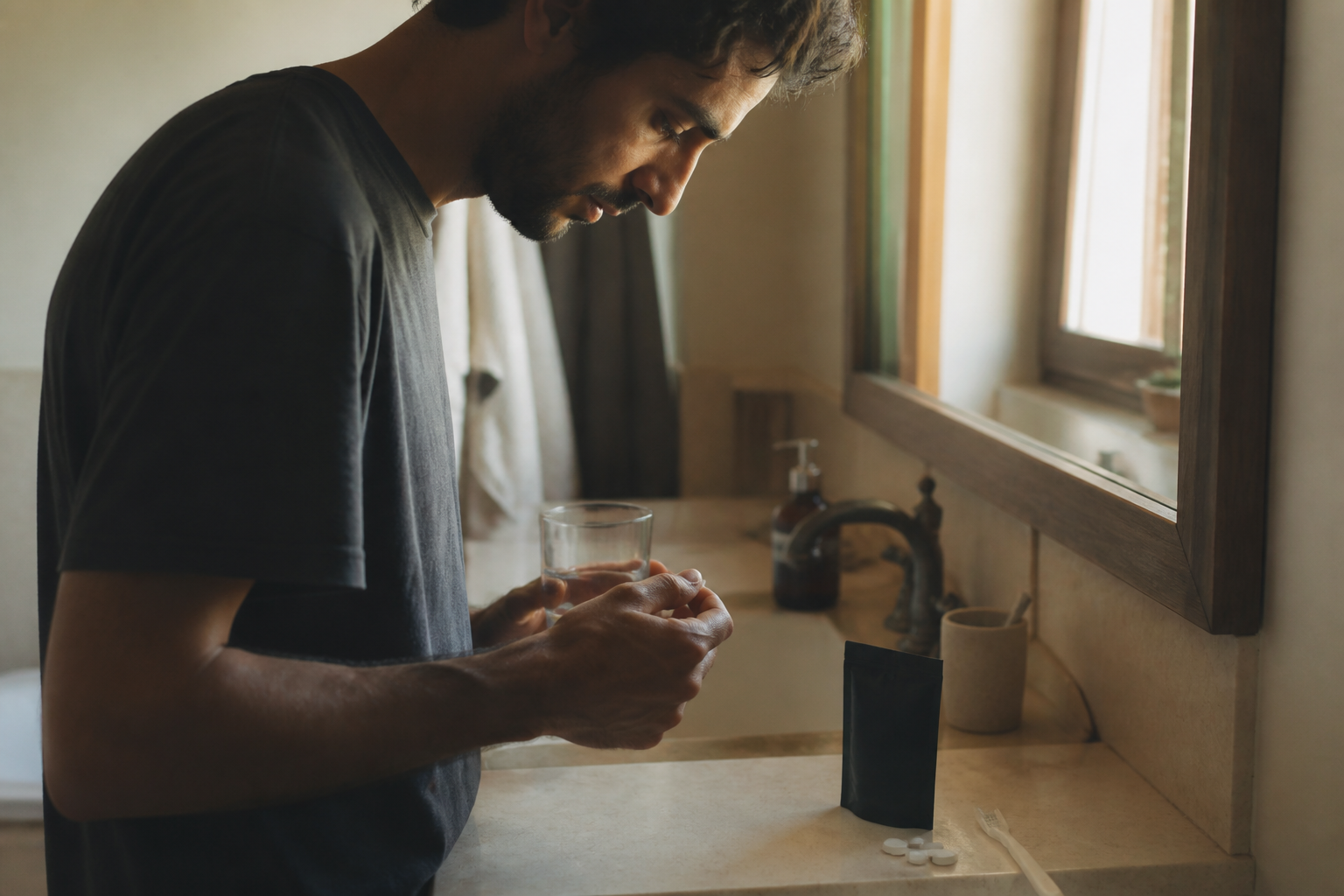 A matte black pouch and white chewable tablets on a bathroom counter