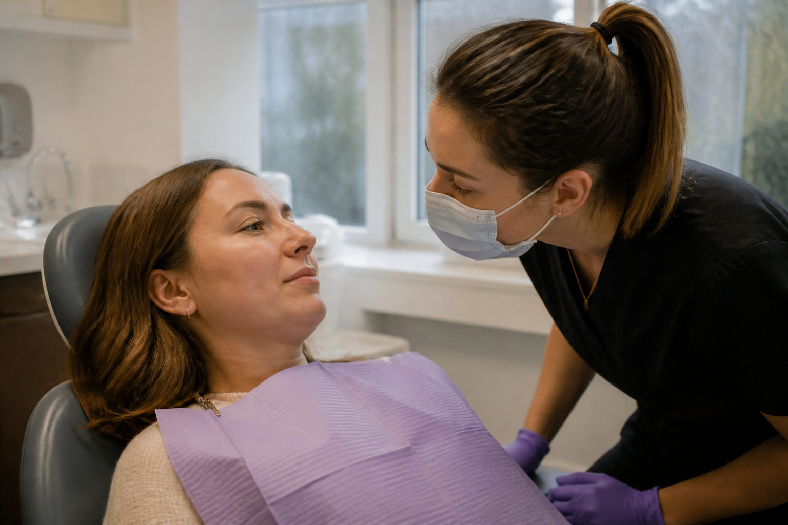 A patient in a dental chair with a hygienist leaning in to look