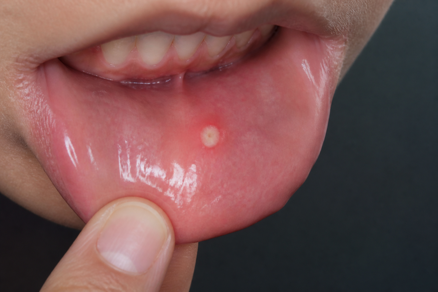 A canker sore inside a lower lip