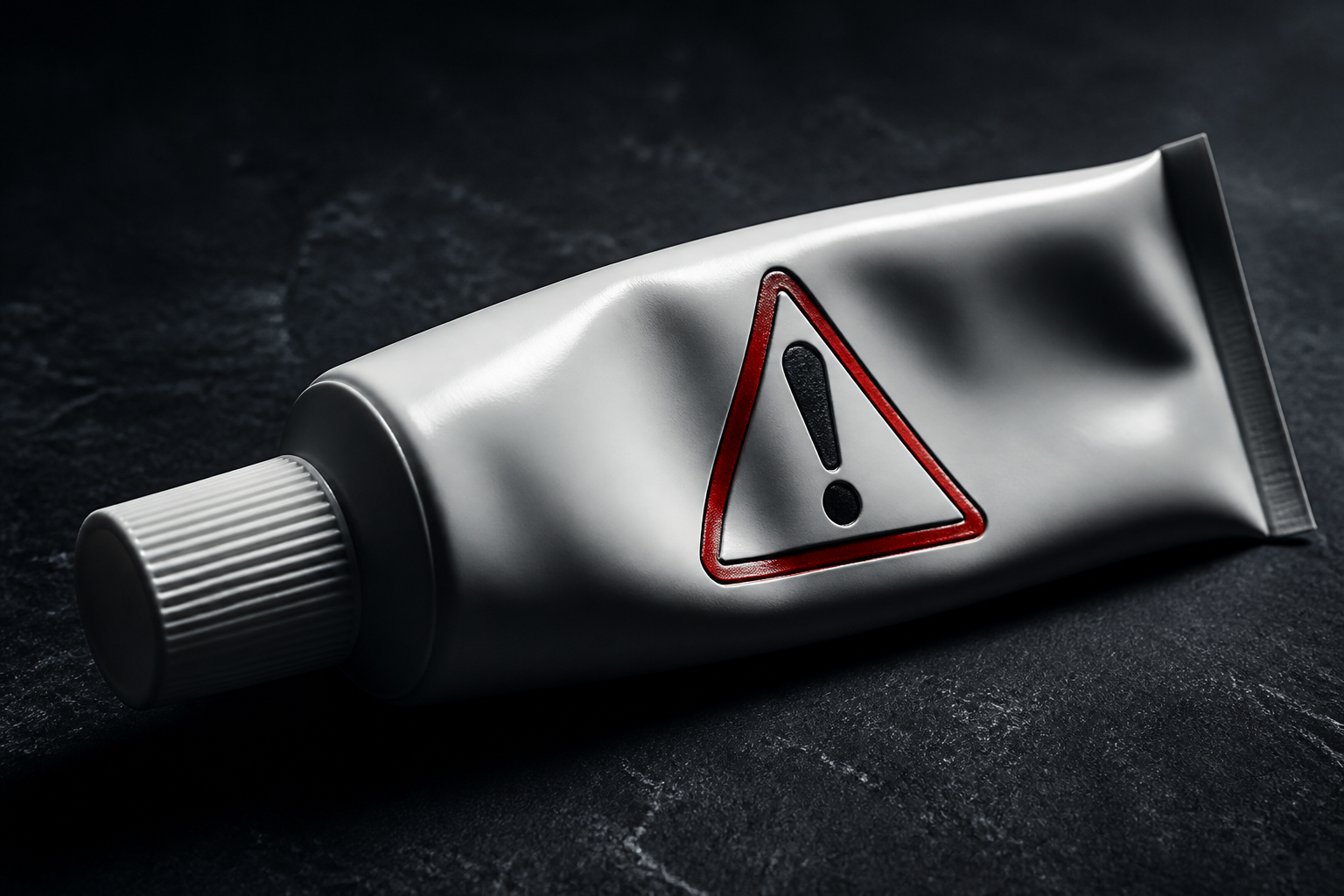 A toothpaste tube with a red hazard warning triangle