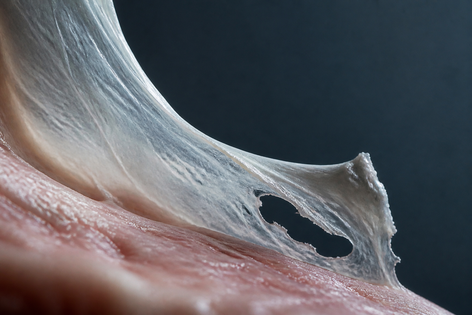 A thin translucent film peeling from soft tissue