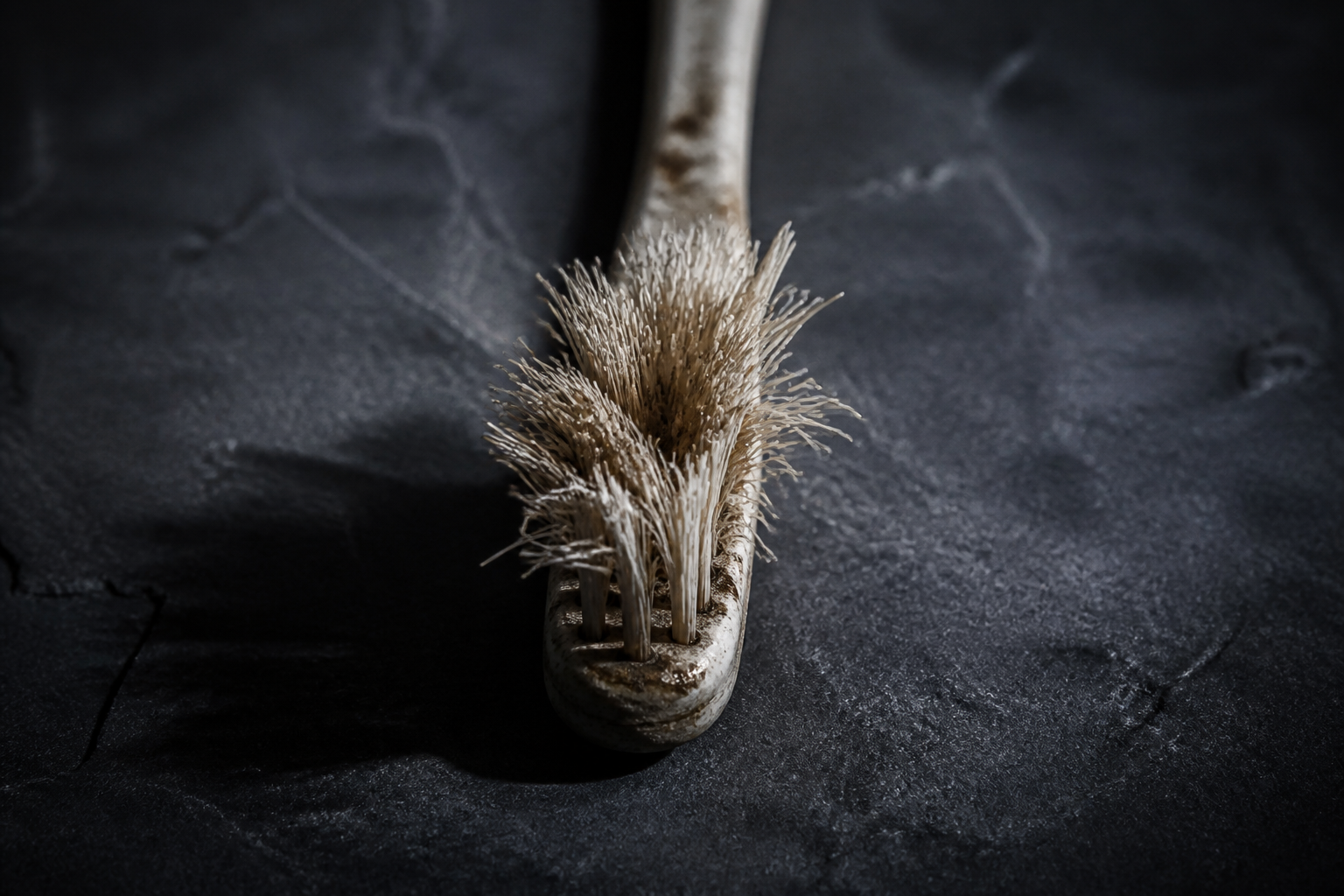An old worn toothbrush with splayed frayed bristles