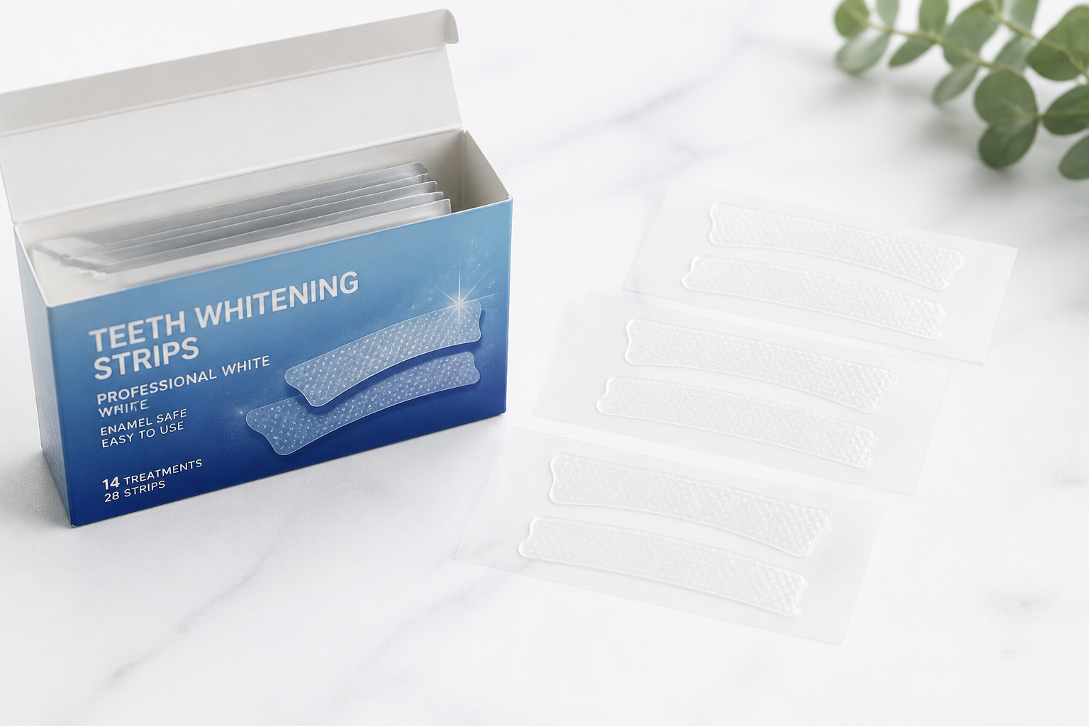 A box of teeth whitening strips with peroxide gel strips, suspect